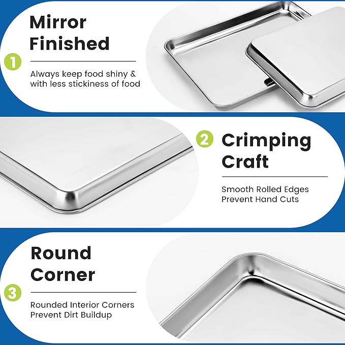 6 Pack Stainless Steel Baking Sheet Pans, 16" L × 12" W × 1" H Cookie Sheets for Toaster Oven, Rust-Resistant, Dishwasher Safe