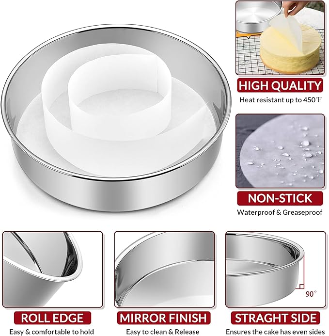 6 Inch Cake Pan Set of 3, E-Far Stainless Steel Round Layer Smash Cake Baking Pans with Parchment Rounds & Side Liner Roll, Non-Toxic & Healthy Metal Cakes Tin, Straight Side & Dishwasher Safe