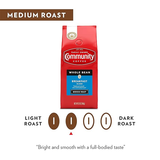 Community Coffee Breakfast Blend Whole Bean Coffee, Medium Roast, 12 oz Bag (Pack of 2)