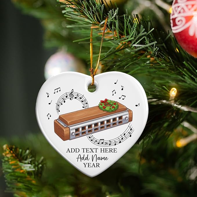 Personalized Harmonica Christmas Ceramic Ornaments, Harmonica Musical Instrument Xmas Tree Ornament 2025, Custom Music Lover Christmas Ornament with Text Name & Year, Gift for Music Teacher