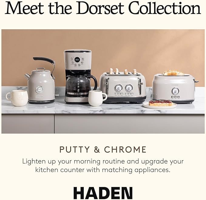 Haden 12-Cup Programmable Coffee Maker for Home or Office, Putty & Chrome – Drip Brewer Machine with Brew Strength, Delay Brewing, Auto Shut-Off and Reusable Washable Water Filter