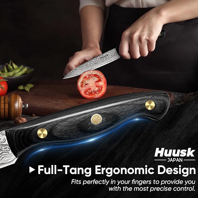 Huusk Damascus Chef Knife Set - 3 PCS VG10 Santoku & Utility Knives with Ebony Handles, Paring Knife for Meat, Fruit, Vegetables - Dad Mom Gift