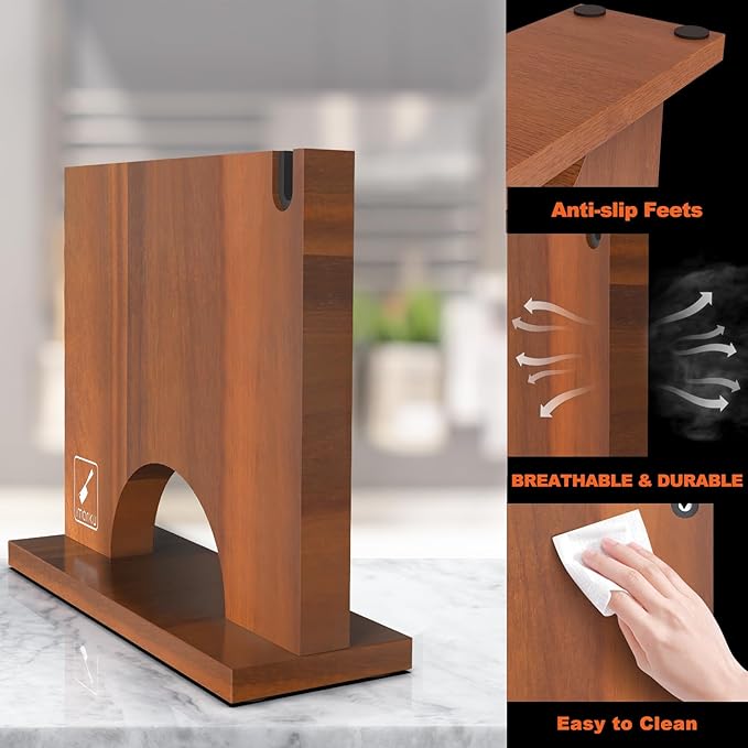 Magnetic Knife Block, Magnetic Knife Holder with Double Sided Magnetic Design, 12×10 Inches Knife Stand with Knife Sharpener, Acacia Wood Knife Storage for Kitchen Counter