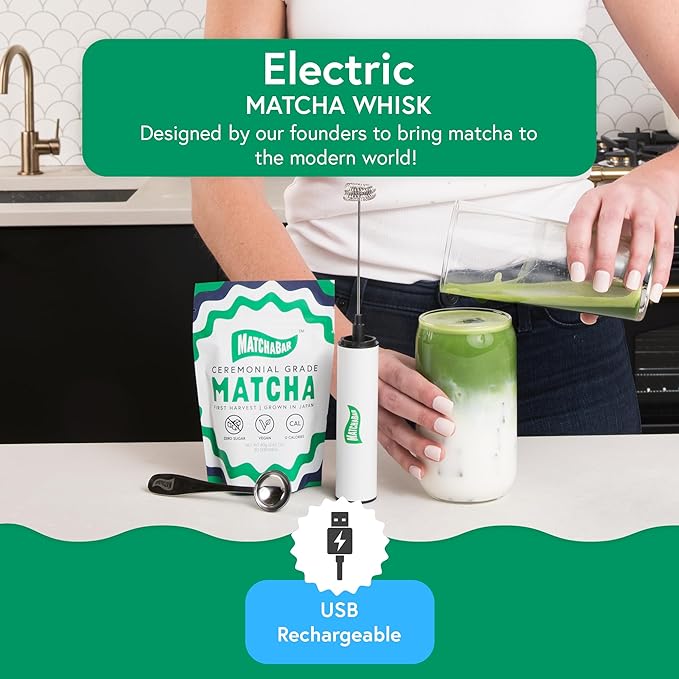 MatchaBar Electric Milk Frother Hand Blender - Stainless Steel Electric Matcha Whisk, Handheld Drink Mixer for Coffee, Greens & Protein - Easy to Clean USB Rechargeable High-Speed Immersion Blender