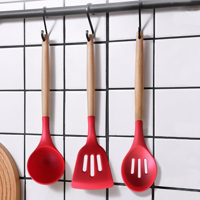 Kitchen Cooking Utensils Set 6Pcs Heat Resistant Silicone Kitchen Utensils Spatula Spoon Turner Ladle w Wooden Handle, BPA FREE Silicone Cooking Tool Gadget Set for Nonstick Cookware & Baking