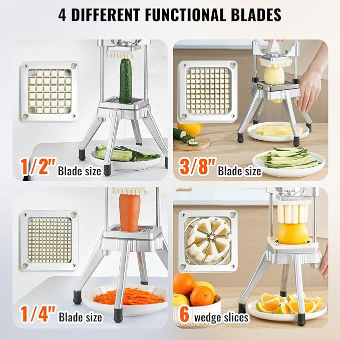 VEVOR Commercial Vegetable Fruit Chopper, Stainless Steel French Fry Cutter w/ 4 Blades 1/4" 3/8" 1/2", Vegetable Chopper Dicer w/Stainless Bowl, Heavy Duty Cutter for Potato Tomato Onion Mushroom