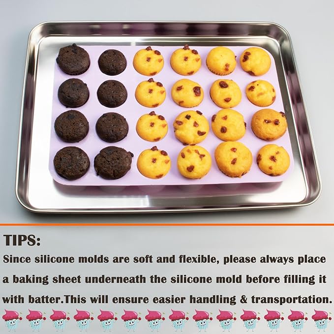24 Cups Silicone Mini Muffin Pan Set, Nonstick Mini Cupcake Pans, BPA Free Small Muffin Tin for Baking, Set of 2 (Green+Purple)