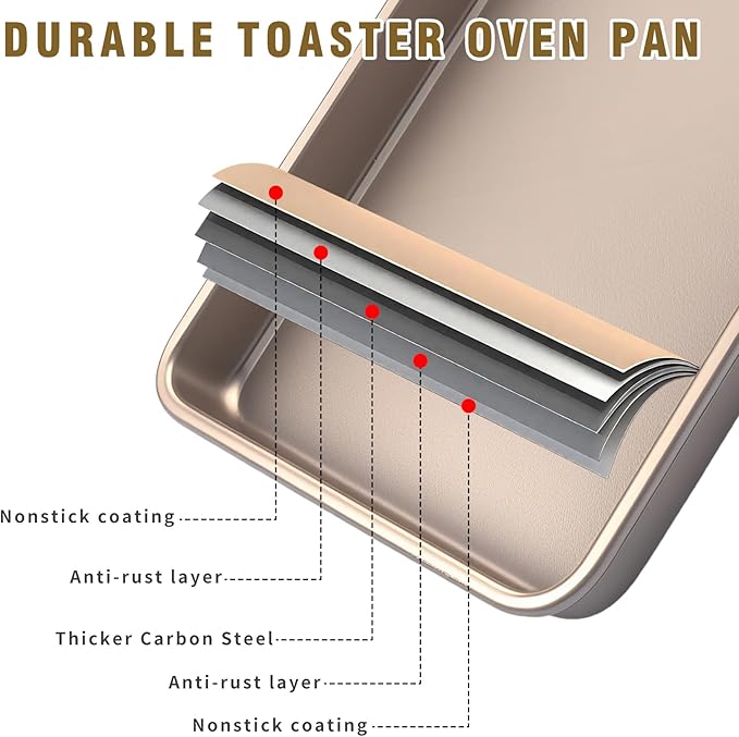 Toaster Oven Pans Set of 2, Shinsin 11-Inch Nonstick Baking Sheet Pans and Trays, 1/8 Thicker Replacement Small Baking Tray Accessories for Cookie, Non Toxic and Easy Clean and Diswasher Safe, Gold