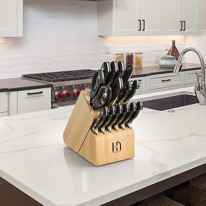 Knife Set, 15 Pcs Kitchen Knife Block Set, Enduring Razor-Sharp Japanese High Carbon Stainless Steel Chef Knife Set with Block and Sharpener, Premium Knives Set for Kitchen, Black Natural Wood