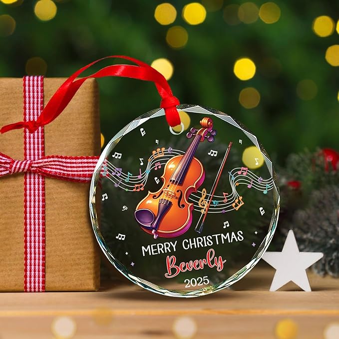 Personalized Musical Instrument Xmas Glass Ornaments, Violin Instrument Ornament for Violin Lovers, Custom Text & Name Violinist Christmas Keepsake, Music Teacher Glass Ornament 2025