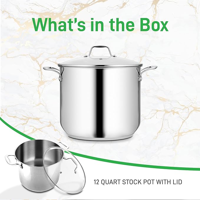 NutriChef 12-Quart Stainless Steel Stockpot – 18/8 Food Grade Heavy-Duty Induction-Compatible Pot with See-Through Lid, Ideal for Stews, Broths, Simmering & Soups, Dishwasher Safe – NCSP12