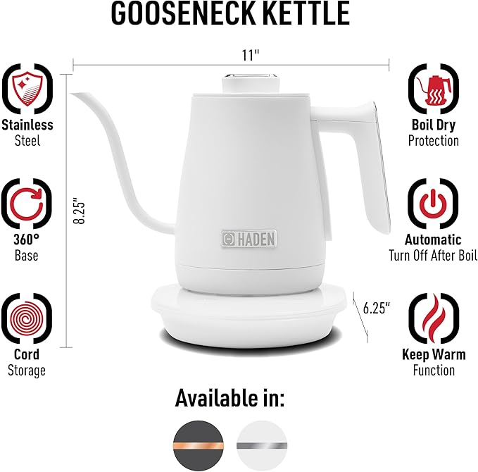Haden Electric Tea Kettle, Gooseneck Hot Water Boiler, 0.6L Teapot, Ivory/Copper