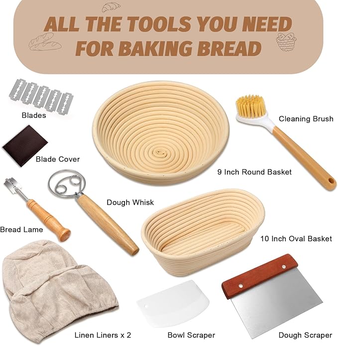Sourdough Proofing Basket Gift Set, 9" Round and 10" Oval Banneton Bread Baking Supplies, Sourdough Baskets with Bread Lame, Danish Whish, Bowl Scraper, Sourdough Scraper, and Linen Liners