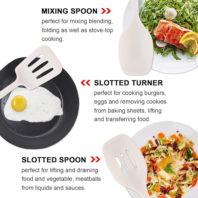 Silicone Cooking Utensils Set 5 Pcs Large Non-Stick Kitchen Utensils Set, Wooden Handle Heat Resistance Turner Soup Ladle Spoon Silicone Cooking Kitchen Gadgets BPA Free for Nonstick Cookware