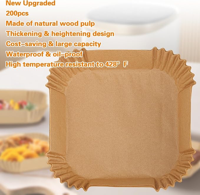 200Pcs Air Fryer Paper Liners, 6.3 Inch Square Disposable Air Fryer Liner, Non-stick Parchment Paper for Frying Baking Roasting Microwave Oven