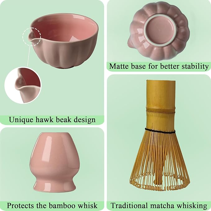 Matcha Whisk Set, Ceramic Matcha Bowl with Whisk & Holder, Bamboo Scoop & Spoon, Scoop Rest, Sifter and Tea Towel- 8 Pcs Matcha Kit for Matcha Lovers (Pink)
