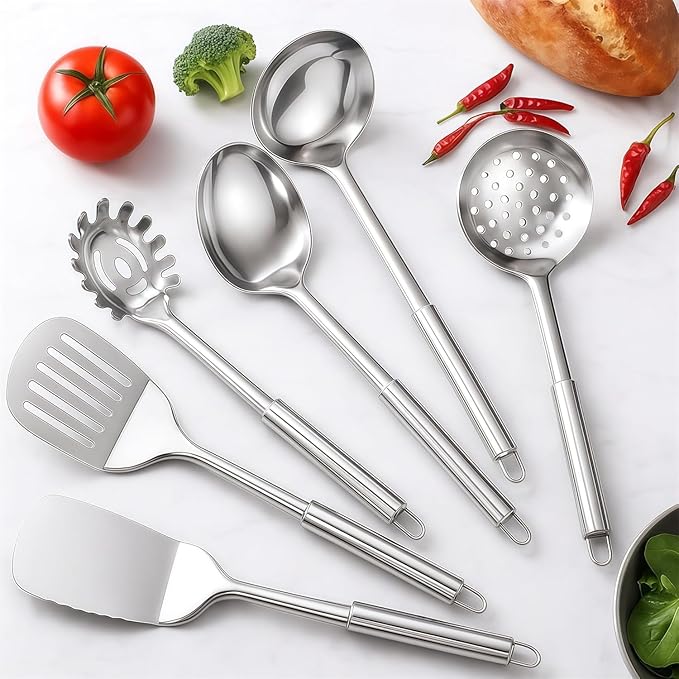 Stainless Steel Kitchen Utensils Set, 10 PCS Stainless Steel Utensils Set for Cooking, Heat Resistant Spatula Cooking Utensils Set with Turners, Serving Spoon, Ladle, Skimmer, Pasta Fork