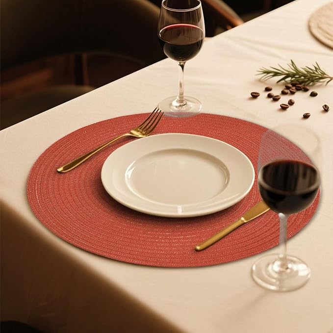 FunWheat Round Braided Placemats Set of 6 Place mats for Dining Tables Woven Heat Resistant Table Mats 15 inch (Dark Orange)