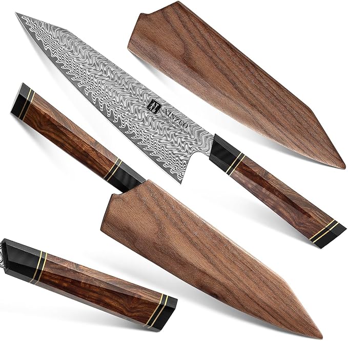 XINZUO 8.5 Inch Japanese Kiritskue Chef Knife, Professional Chef Knife,Damascus Kitchen Knife for Chefs and Home Cooking, Desert Ironwood Handle, Walnut Magnetic Wooden Sheath, Acacia Wood Box Package