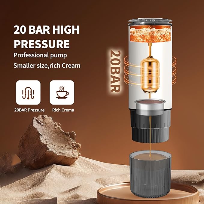 Leozora 20Bar Portable Espresso Machine, 7500mAh USB-C Rechargeable, 3-in-1 for Ground Coffee & Nespresso/DG Capsules, Stainless Steel Travel Coffee Machine for Camping, Car, Office，White