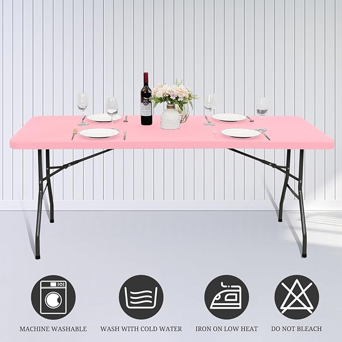 6 Pack Fitted Tablecloth for 6 Foot Rectangle Tables, Pink Elastic Outdoor Picnic Table Cover, Washable Stretch Folding Table Cloths 6 ft for Camping Party Patio Kitchen Banquet, 30" W x 72" L