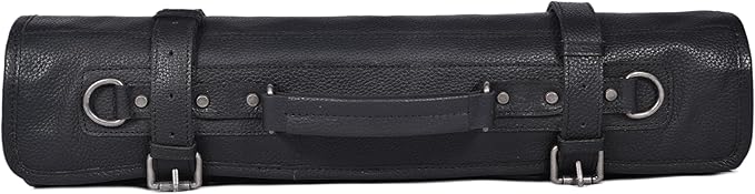 Leather Knife Roll Storage Bag, Elastic and Expandable 10 Pockets, Adjustable/Detachable Shoulder Strap, Travel-Friendly Chef Knife Case (Cerulean Black, Leather)