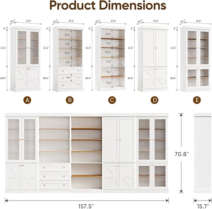 70.8" Tall Farmhouse Kitchen Pantry Cabinet with Glass Doors, Modular Wooden Storage Cabinet with 6-Tier Adjustable Shelves, Hutch for Kitchen or Living Room, White, Set of 3