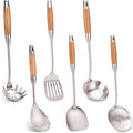 FJNATINH Wok Utensils for Carbon Steel, Stainless Steel Wok Spatula Metal Set, 6-Pieces 13-15 Inch Extra Long, Wok Tools Professional Set, Wooden Handle Skimmer, Soup Ladle, Slotted Turner