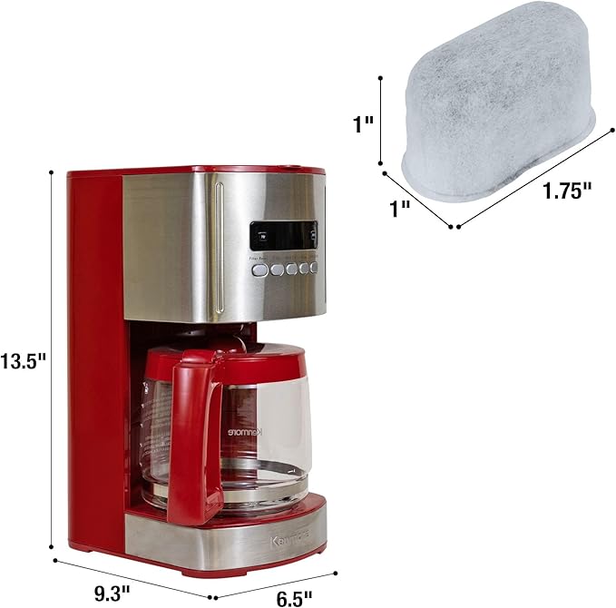 Kenmore Aroma Control 12-cup Programmable Coffee Maker, Red and Stainless Steel Drip Coffee Machine & Kenmore/Keurig/Cuisinart/Braun compatible replacement charcoal water filter 12 Pack pure