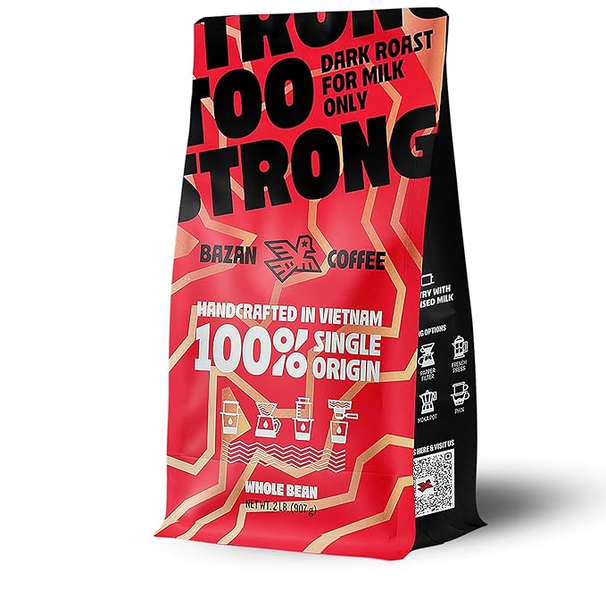 BAZAN COFFEE Too Strong, Vietnamese Robusta Coffee, Dark Roast, High Caffeine, Bold Espresso Flavor, Low Acidity, Perfect with Milk, Whole Bean, 32 oz Bag
