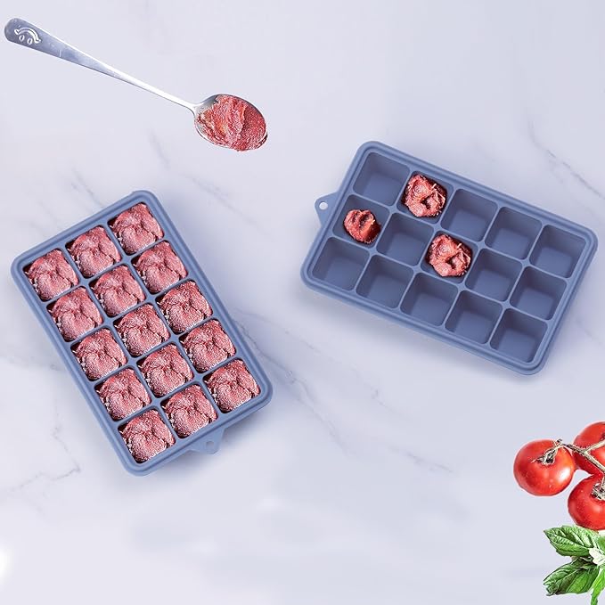 2 Tbsp Silicone Freezer Molds - Perfect for Storing Garlic, Herbs, Ginger, Pesto, Tomato Paste, Lemon Juice, Purees and More - Silicone Food Freezer Tray (Blue 4 Pack)