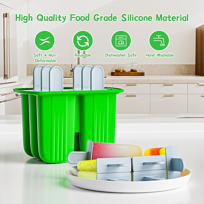 6 Pieces Silicone Popsicle Molds,Easy-Release BPA-Free,Ice Pop Mold Ice Cream Molds For Kids,With 6 PCS Plastic Stick+Cleaning Brush(Dark Green)