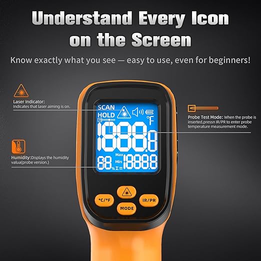 Infrared Thermometer Temperature Gun, Non-Contact Digital Laser Temp -58°F to 1472°F, K-Type Probe -58°F to 572°F, for Cooking, Pizza Oven, BBQ, HVAC, Home & Industrial