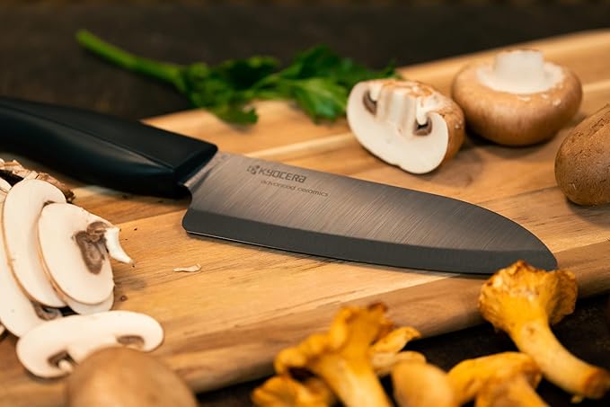 Kyocera Innovation Series Ceramic 5.5" Santoku Knife, with Soft Touch Ergonomic Handle-Black Blade, Black Handle