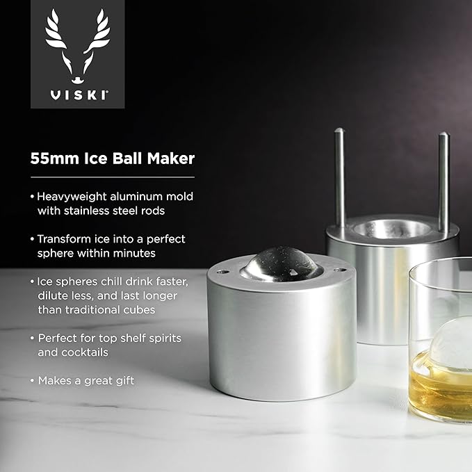 Viski Ice Ball Press Aluminum Ice Press for Whiskey Bourbon Scotch Old Fashioned Cocktail & Rocks Beverage, Clear Ice Ball Maker Mold Size, Barware Equipment & Gift Essentials, 55mm / 2.1", Silver