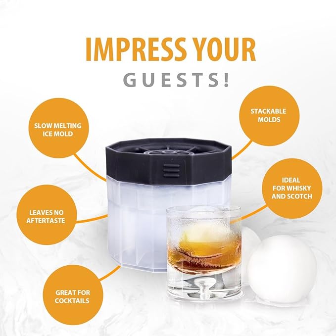 PREMIUM Ice Ball Molds, Round 2.5 Inch Ice Spheres. Stackable Slow Melting Round Ice Cube Maker for Whiskey and Bourbon (6, Multi)