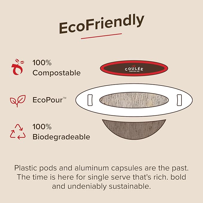 Coulée EcoPour B.I.O.N. Coffee, Single Serve Pour Over Decaffeinated Coffee, for Camping or Traveling, Pre Filled Compostable Filters, Ready to Brew with Hot Water, 20 Pack