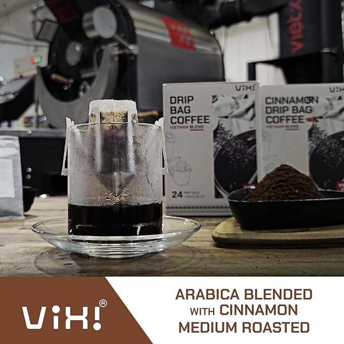 VIXI Drip Coffee Cinnamon Flavor, 16 Bags, Natural Vietnamese Ground Coffee, Blended, Medium Roast, Hanging Ear, Disposable, Balanced Taste, Single Serve, Perfect for Camping