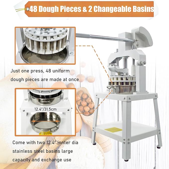Commercial Dough Divider Manual 48PCS Dough Divider 0.78oz-3.70oz Heavy Duty Dough Cutter Machine with 22-105g Dough Weight Range for Baking, 48PCS