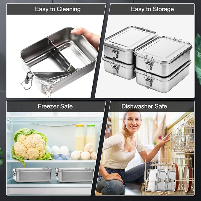 Umigy 1 Pcs Stainless Steel Food Containers 1200ml Metal Bento Lunch Box Stainless Steel Food Storage Containers, Lockable Clips to Leak Proof, Reusable Dishwasher Snack Boxes for Work, Picnic