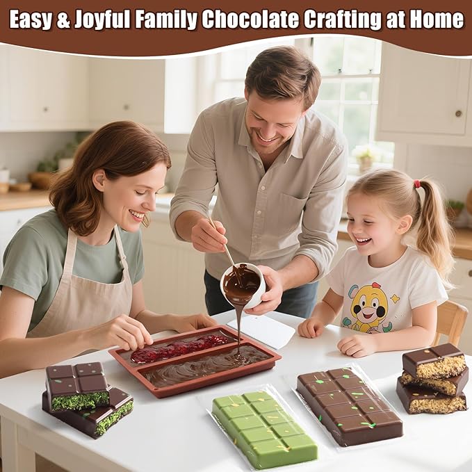 Chocolate Bar Molds Silicone 2-Pack, Large 8.1x7.1 Inch Deep Cavity with 100 Storage Bags & Scraper Tool Kit - Food-Grade BPA-Free for Thick Filled Homemade Candy, Energy Bars, Gifting