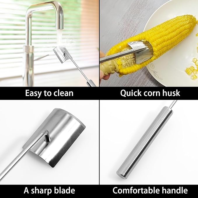 Corn Peeler for Corn on The Cob Stripper Tool, 2025 New Long Handle Stainless Steel Corn Stripper Tool, Quick Corn Kernel Remover Tools for Kitchen Use (2PC)