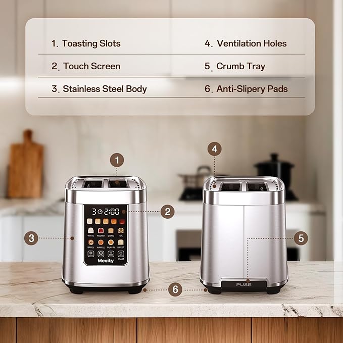 Mecity 2 Slice Toaster with Touch Screen & Auto Lift, Stainless Steel Cool-Touch Toaster with 8 Bread Settings, 5 Shade Levels, 1200W High Power, Keep Warm & Reheat Function, Stainless Steel, 120V