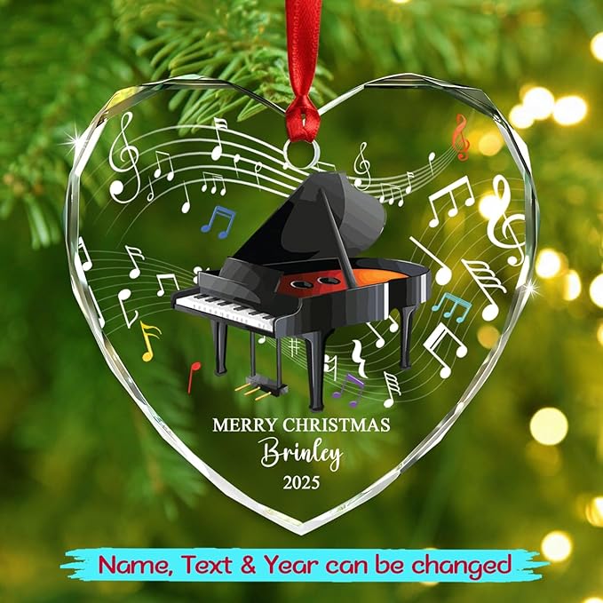 Unique Piano Glass Christmas Ornament Gift for Daughter Son Brother Sister Kids, Customized Year Text Name Piano Player Pianist Keepsake Ornaments, Personalized Piano Instrument Glass Xmas Ornament