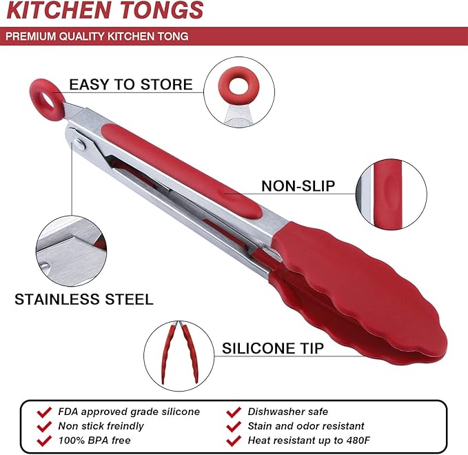 MSY BIGSUNNY Kitchen Food Tongs - 7" Mini Silicone Serving Tongs - Set of 3 (Red)