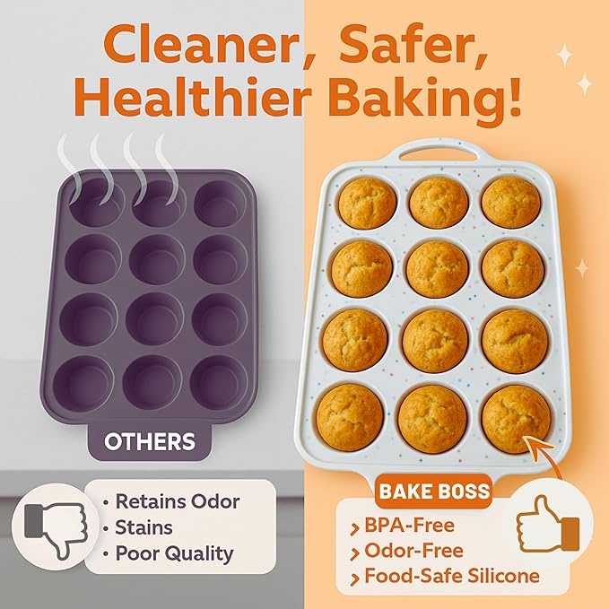 2 Pack Regular Muffin Pan - 12 Cup Silicone Muffin Pan for Baking with Metal Reinforced Frame - Regular Size Cupcake Pan, BPA Free Silicone Muffin Tray - Oven & Dishwasher Safe - Cream