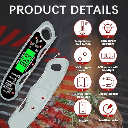 Meat Thermometer Digital，IP67 Waterproof Cooking Thermometer with Backlight, Calibration & Hold Function，Food Thermometer for Cooking,Outdoor Grilling，Suitable as Stocking Stuffers for Men