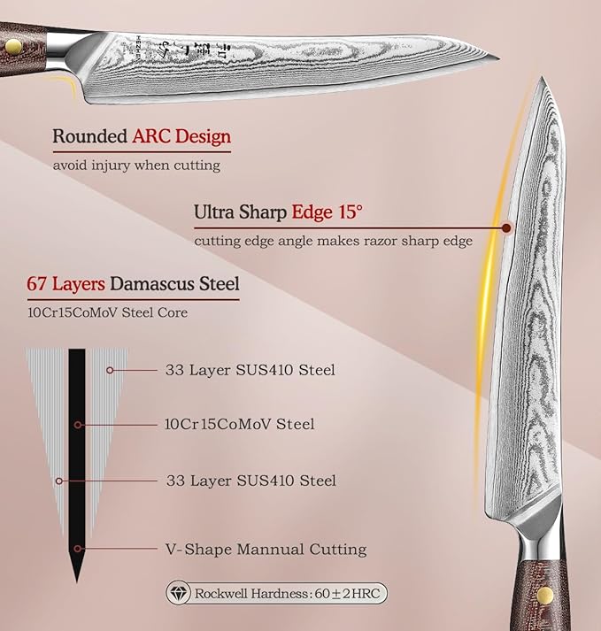 HEZHEN Carving Knife, 67 Layers Damascus Steel BBQ Slicing, 8.3 Inches, Professional Brisket Slicing Meat Knife, Ergonomic Micarta Handle, Gift Packing