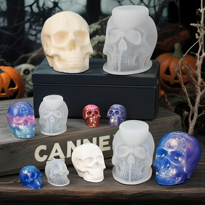 7 Pcs Skull Molds for Resin, Set of Large + Medium + Small + Mini 3D Skull Silicone Mold for Candle Wax Soap Clay Epoxy Resin Casting, Halloween Home Decoration