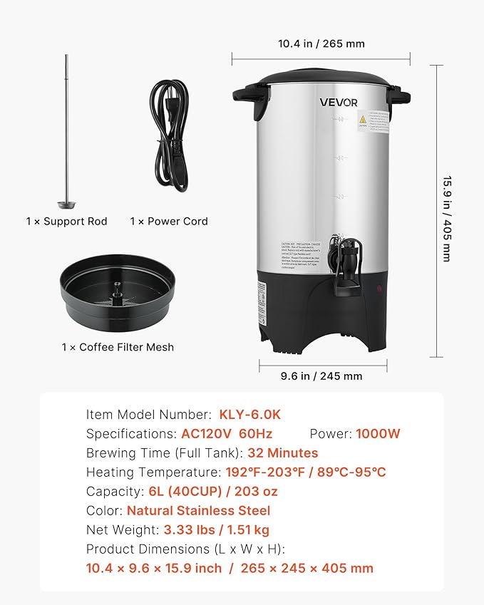 VEVOR Commercial Coffee Urn, 40 Cup 6 L Hot Beverage Dispenser with Dripless Faucet, Quick-Brewing Commercial Coffee Maker, with Stainless Steel Liner, for Catering, Business, Church & Restaurant